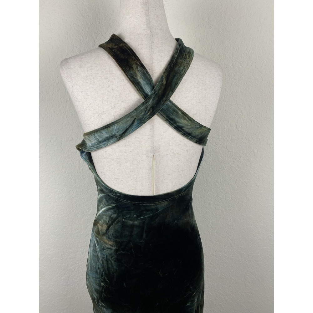 Vtg Y2k Helios 2 Maxi Evening Gown Velvet Green Halter Backless Whimsigoth S 90s - Picture 7 of 8